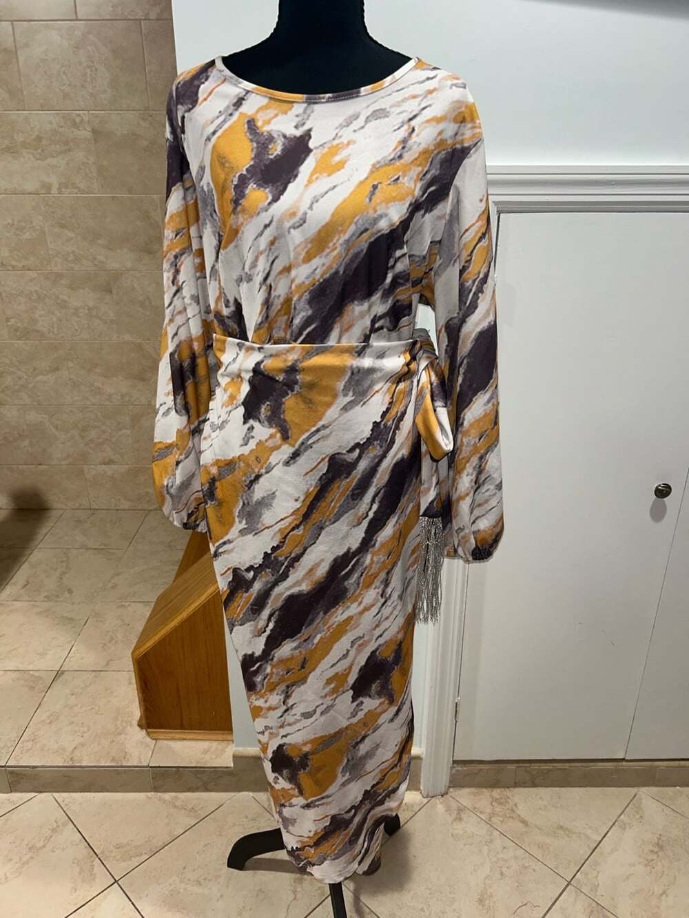 Abstract Print Long Sleeve Side Drape Maxi Dress